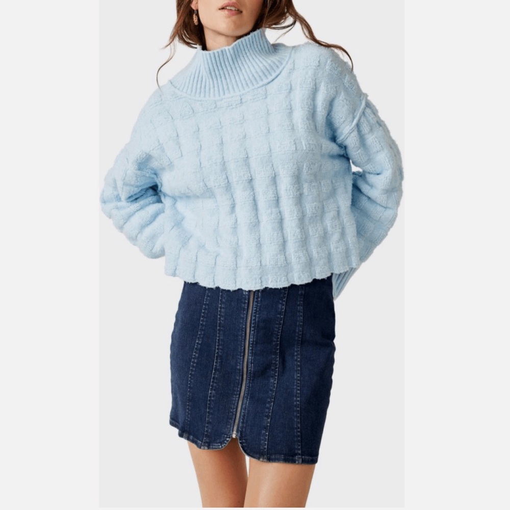 Free People Care Soul Searcher Mock Neck Sweater Blue Sz XS